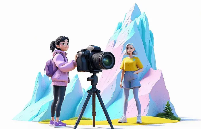Setting Up Camera on Tripod Girl 3D Illustration